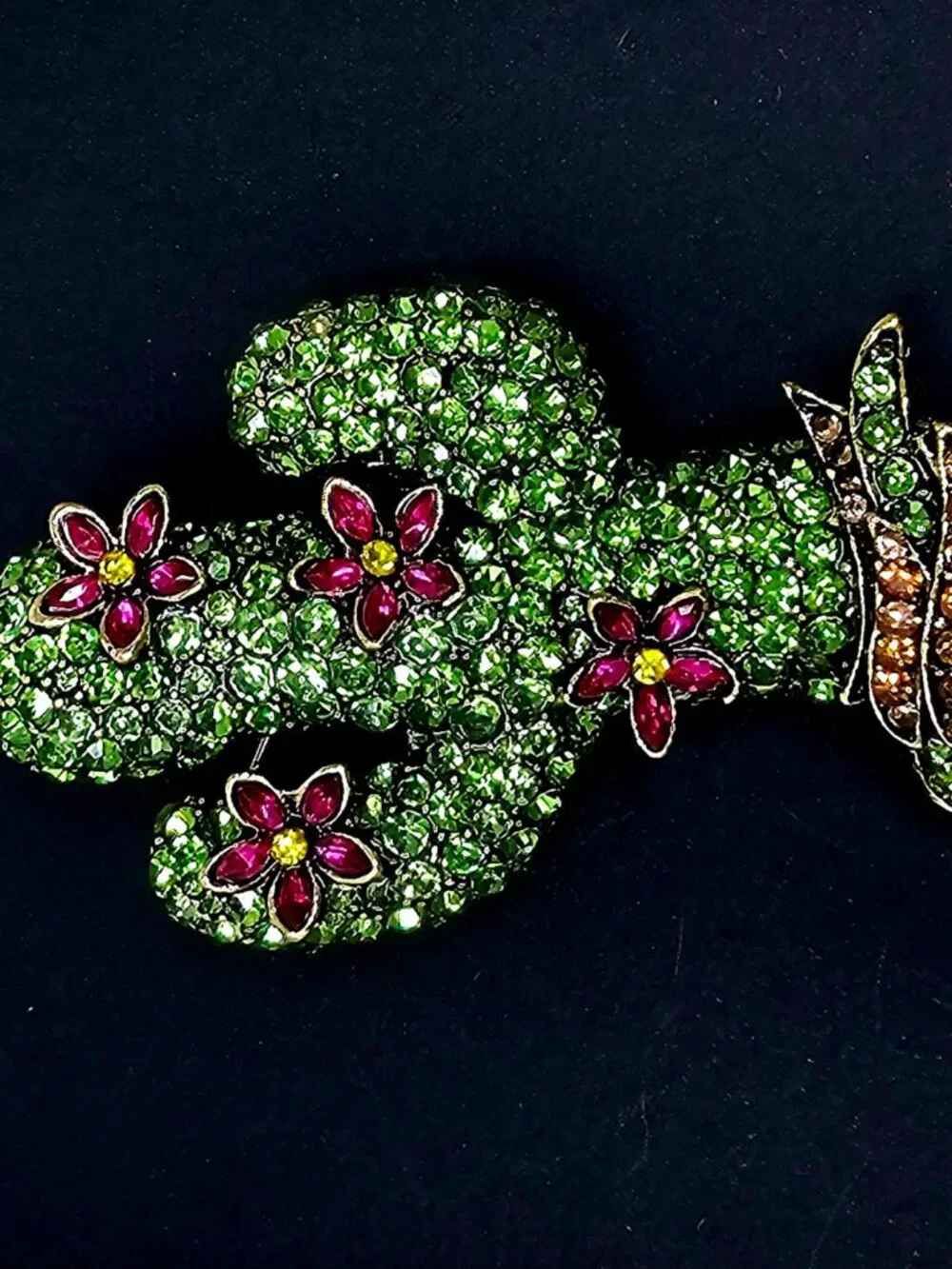 Sparkling Green Cactus & Pink Flower Rhinestone Brooch Pin Gold Toned